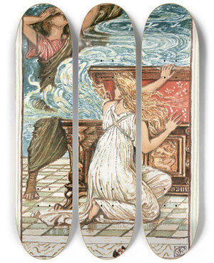 Triptych art skateboard deck of Walter Crane Pandora Opens The Box by Walter Crane (1845-1915)