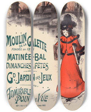 Triptych art skateboard deck of Auguste Roedel Moulin De La Galette by Auguste Roedel (1859-1900)