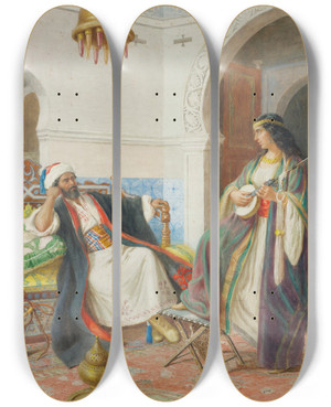 Triptych art skateboard deck of Achille Buzzi In The Harem by Achille Buzzi (19-)