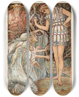 Triptych art skateboard deck of Walter Crane Perseus And The Graia by Walter Crane (1845-1915)