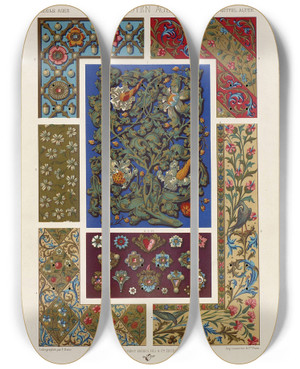 Triptych art skateboard deck of Auguste Racinet Moyen Age 13 by Auguste Racinet (1825-1893)