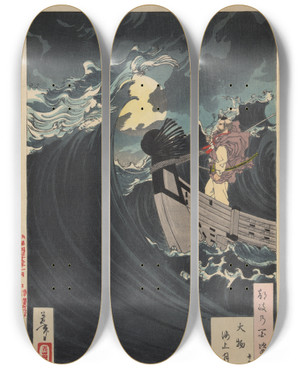 Triptych art skateboard deck of Tsukioka Yoshitoshi Daimotsu Kaij No Tsuki_1 by Tsukioka Yoshitoshi (1839-1892)