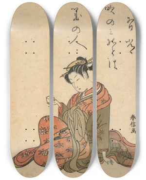 Triptych art skateboard deck of Suzuki Harunobu Courtesan Drinking Tea by Suzuki Harunobu (1724-1770)