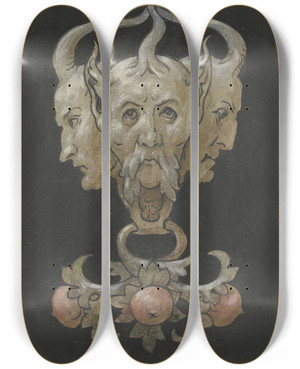 Triptych art skateboard deck of Hans Thoma Three Satyr Masks by Hans Thoma (1839-1924)