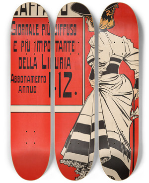 Triptych art skateboard deck of Aleardo Villa Caffaro Giornale Piu Diffuso E Importante Della Liguria by Aleardo Villa (1865-1906)