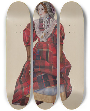 Triptych art skateboard deck of Beverly Chichester Doll In Plaid Dress by Beverly Chichester (20-)