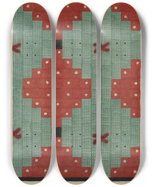 Triptych art skateboard deck of Ada Barnes Log Cabin Quilt by Ada Barnes
