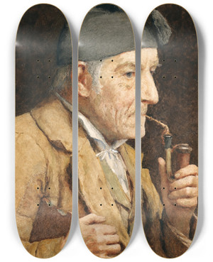 Triptych art skateboard deck of Albert Anker Old Man Smoking His Pipe by Albert Anker (1831-1910)