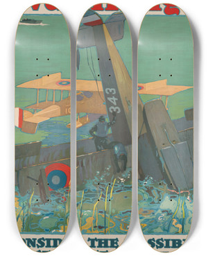 Triptych art skateboard deck of Ln Britton Warning Consider The Possible Consequences If You Are Careless In Your Work by L N Britton (19-20-)