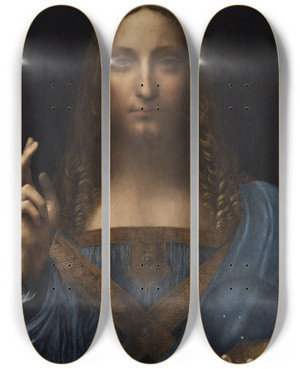 Triptych art skateboard deck of Leonardo Da Vinci Salvator Mundi by Leonardo da Vinci (1452-1519)