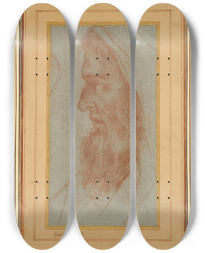 Triptych art skateboard deck of Carlo Maratti Head Of A Bearded Man Inprofile by Carlo Maratti (1625-1713)