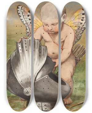 Triptych art skateboard deck of Hans Thoma Cherub With Helmet by Hans Thoma (1839-1924)