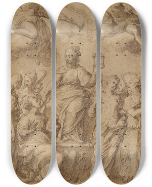 Triptych art skateboard deck of Bernardo Strozzi Ecclesia Surrounded By Angels Holding The Instruments Of The Passion by Bernardo Strozzi (1581-1644)