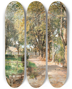 Triptych art skateboard deck of Robert Russ A Sundrenched Path In Spring by Robert Russ (1847-1922)