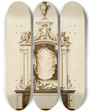 Triptych art skateboard deck of Edward Pierce The Younger Project For A Monument by Edward Pierce The Younger (1625-1695)