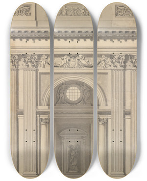 Triptych art skateboard deck of Jean Guillaume Moitte Elevation Of A Wall by Jean Guillaume Moitte (1746-1810)