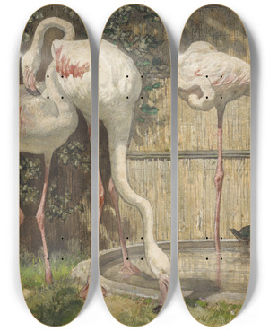 Triptych art skateboard deck of August Alleb Three Flamingos Near A Basin by August Allebe (1838-1927)