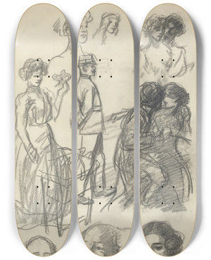 Triptych art skateboard deck of Thophile Alexandre Steinlen Sketches For Lovers On A Bench by Theophile Alexandre Steinlen (1859-1923)