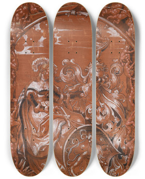 Triptych art skateboard deck of Niklaus Manuel Scheibenriss Mit Sitzender Schildhalterin Und Lwenwappen by Niklaus Manuel (1484-1530)