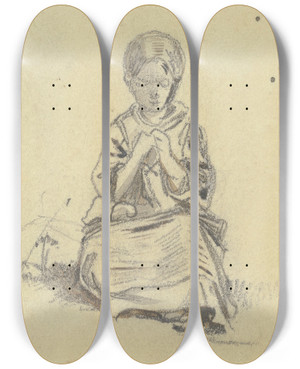 Triptych art skateboard deck of Jakob Frchtegott Dielmann Sitzendes Strickendes Mdchen Von Vorne by Jakob Furchtegott Dielmann (1809-1885)