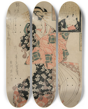 Triptych art skateboard deck of Kikukawa Eizan Eyes For Looking At A Courtesan by Kikukawa Eizan (1787-1867)
