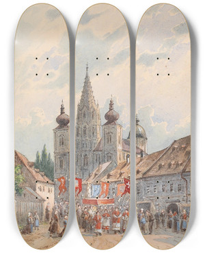 Triptych art skateboard deck of Vincenz Havlicek Corpus Christi Procession In Maria Zell by Vincenz Havlicek (1864-1914)