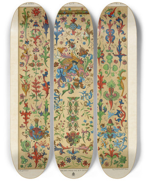 Triptych art skateboard deck of Auguste Racinet Moyen Age 12 by Auguste Racinet (1825-1893)
