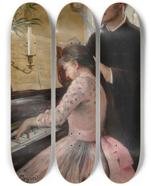 Triptych art skateboard deck of Julie Delancefeurgard The Piano Lesson by Julie Delance Feurgard (1859-1892)