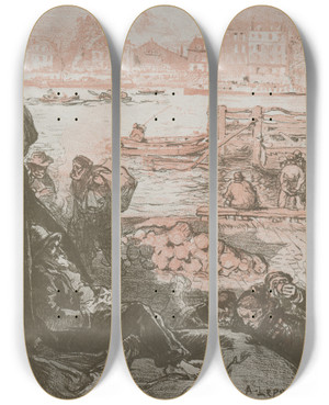 Triptych art skateboard deck of Auguste Louis Lepre The River Porter Monday by Auguste Louis Lepere (1849-1918)