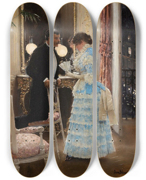 Triptych art skateboard deck of Jean Braud La Conversation by Jean Beraud (1849-1935)