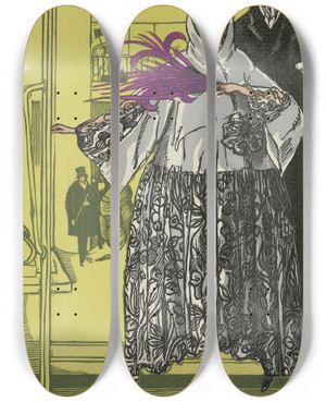 Triptych art skateboard deck of Fernand Simon Au Bal Noir Et Blanc Manteau Du Soir by Fernand Simeon (1884-1928)