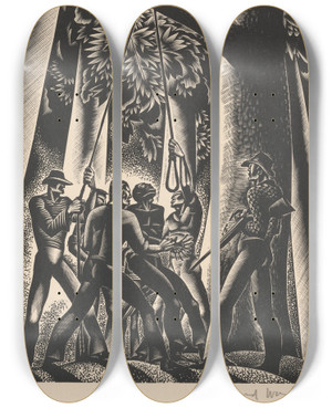 Triptych art skateboard deck of Lynd Ward Getting Ready For Hanging Lynching by Lynd Ward (1905-1985)