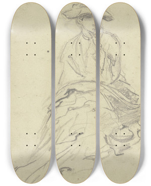 Triptych art skateboard deck of Anton Burger Sitting Woman From The Front by Anton Burger (1824-1905)