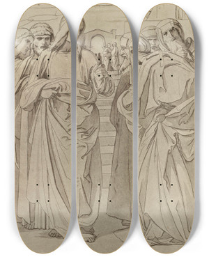 Triptych art skateboard deck of Eduard Von Steinle Der Zinsgroschen by Eduard Von Steinle (1810-1886)