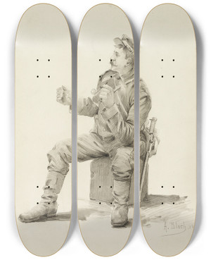 Triptych art skateboard deck of Alexandre Bloch A Good Pipe by Alexandre Bloch (1857-1919)