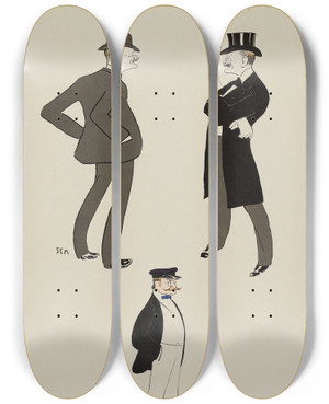 Triptych art skateboard deck of Georges Goursat Sem Le Comte Hubert De Pourtals Et Le Duc Elie Decazes by Georges Goursat (Sem) (1863-1934)