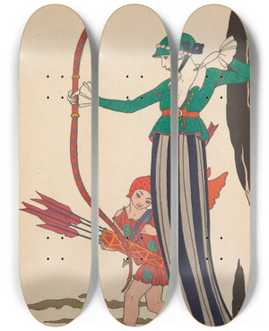 Triptych art skateboard deck of George Barbier Larc Rouge by George Barbier (1882-1932)