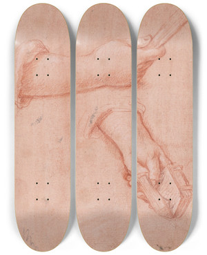 Triptych art skateboard deck of Jacob De Wit Study Of Two Hands by Jacob de Wit (1695-1754)