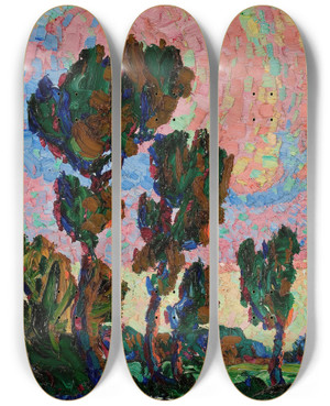 Triptych art skateboard deck of Birger Sandzn Cottonwood Trees And Pond by Birger Sandzen (1871-1954)