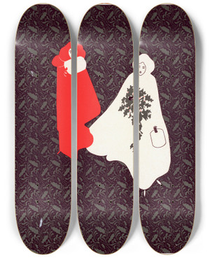 Triptych art skateboard deck of Will Bradley Inland Printer Christmas 1895 by Will Bradley (1868-1962)