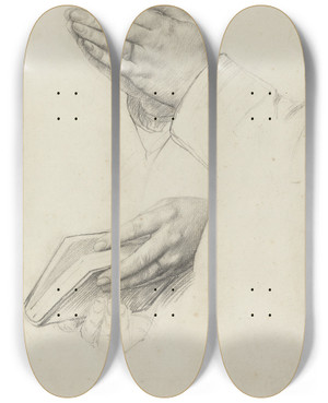 Triptych art skateboard deck of Alphonse Legros Two Studies Of Hands by Alphonse Legros (1837-1911)
