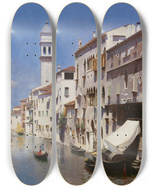 Triptych art skateboard deck of Rubens Santoro Venetian Canal by Rubens Santoro (1859-1942)