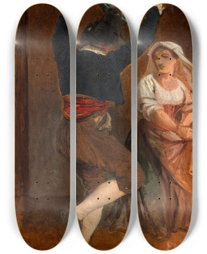 Triptych art skateboard deck of Wilhelm Marstrand Dancing Italian by Wilhelm Marstrand (1810-1873)