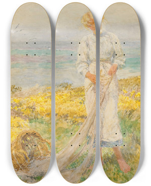 Triptych art skateboard deck of Lionel Percy Smythe Mending Nets by Lionel Percy Smythe (1839-1918)