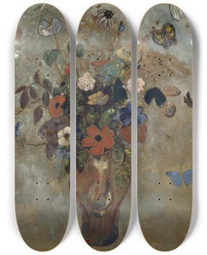 Triptych art skateboard deck of Odilon Redon Still Life With Flowers by Odilon Redon (1840-1916)