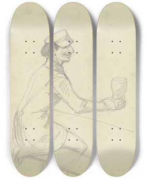 Triptych art skateboard deck of Ferdinand Fellner A Beer Drinker by Ferdinand Fellner (1799-1859)