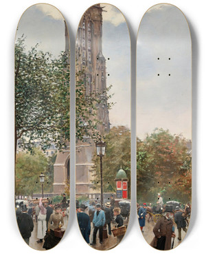 Triptych art skateboard deck of Jean Braud La Tour Saint Jacques by Jean Beraud (1849-1935)