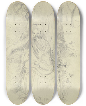Triptych art skateboard deck of Otto Scholderer Luise Scholderer An Einem Baumstamm Sitzend by Otto Scholderer (1834-1902)
