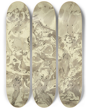 Triptych art skateboard deck of Gaspare Diziani Flight To Egypt by Gaspare Diziani (1689-1767)