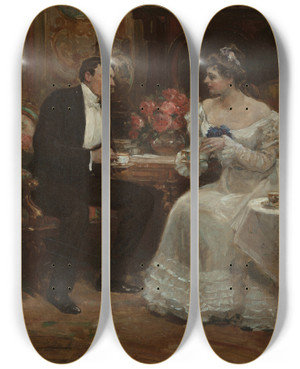 Triptych art skateboard deck of Alice Barber Stephens Seated Couple Having Tea by Alice Barber Stephens (1858-1932)